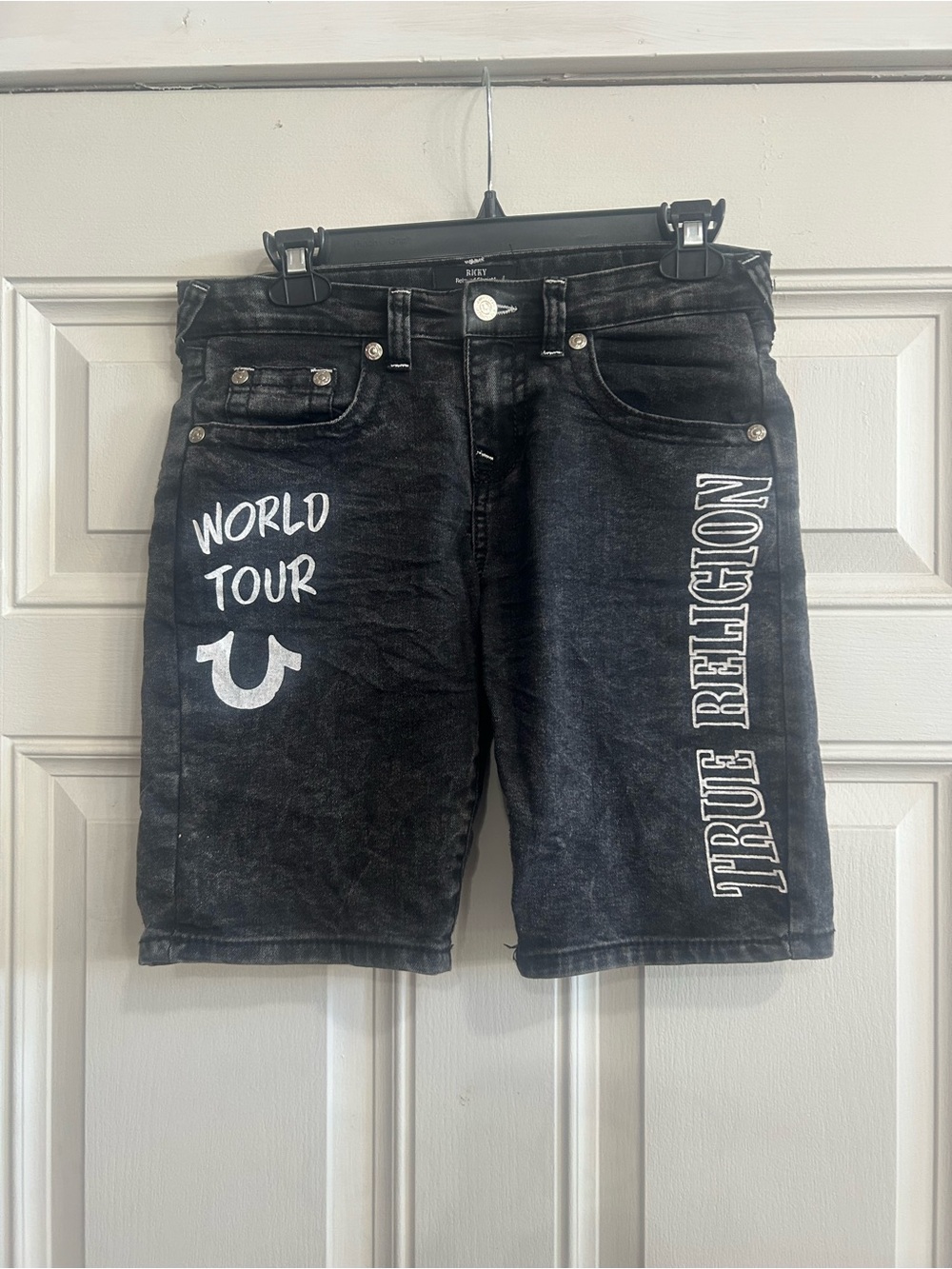 True Religion Black 'World Tour' Graphic Denim Shorts